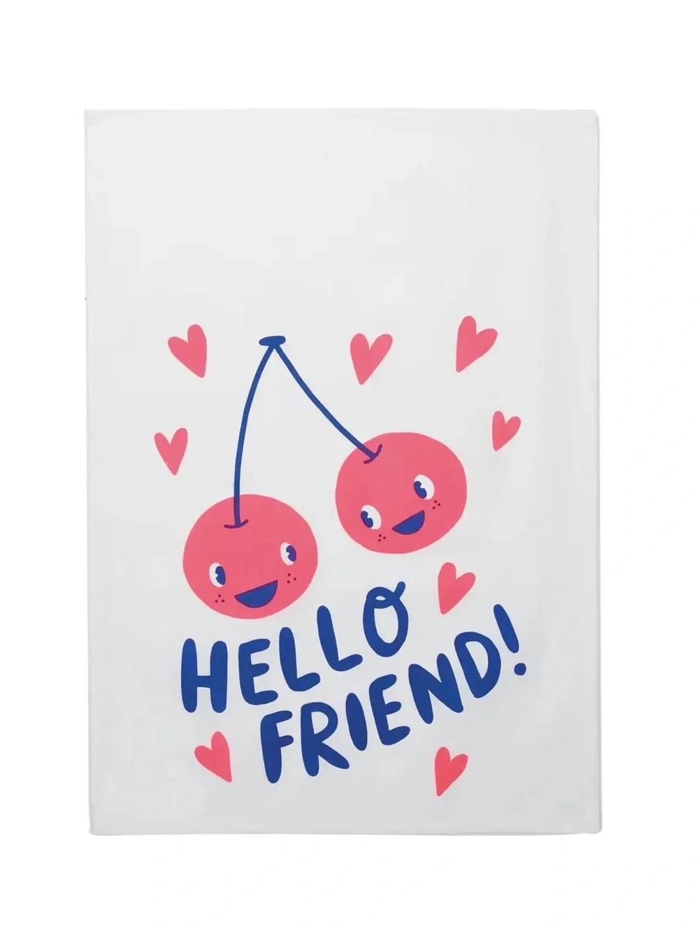 Hello Friend! Pink Cherry Print White Kitchen Tea Towel Set of 2 NEW